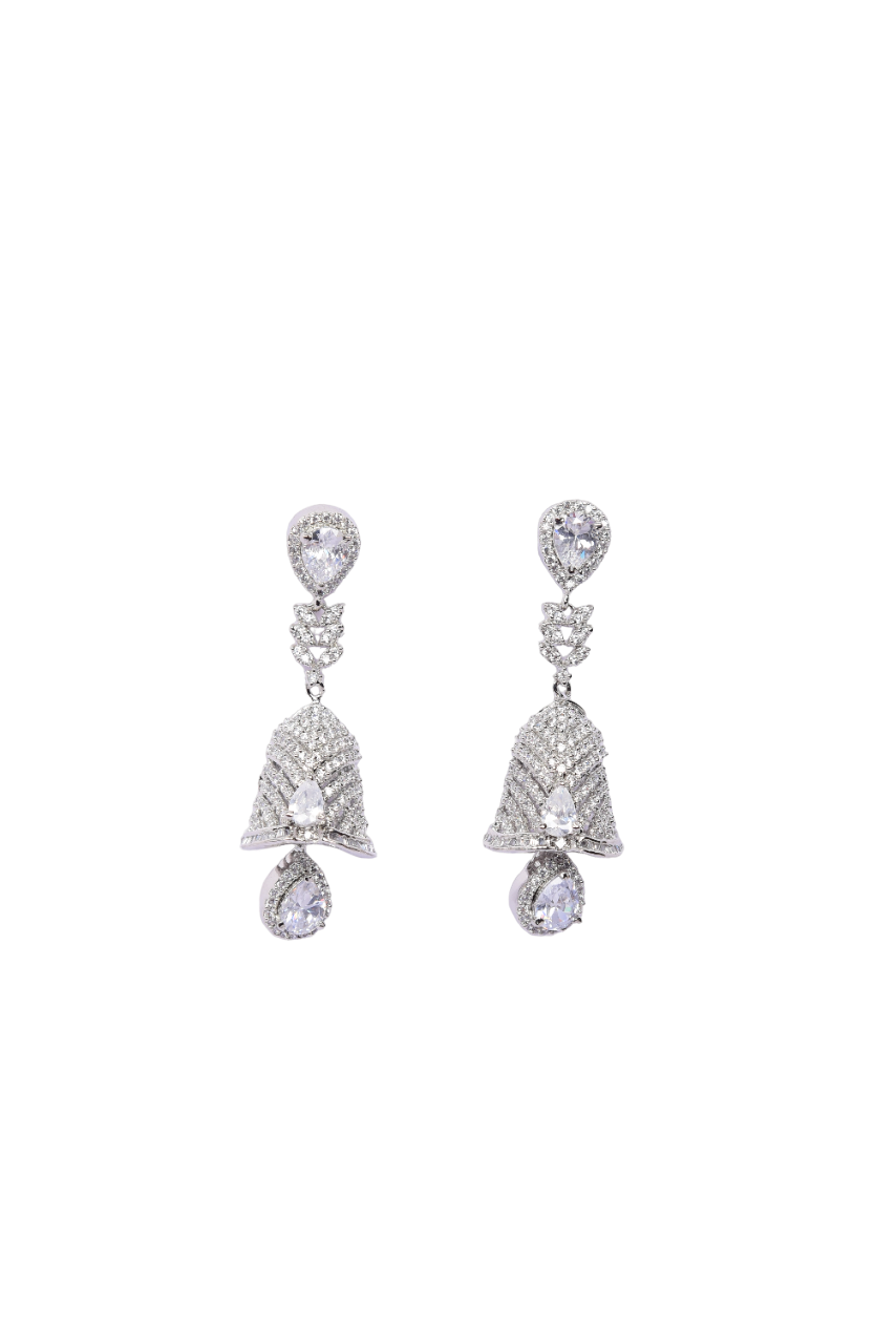 Namokriti Stunning Bell Shaped crafted Rhodium plated Modern Jhumka earring ,Geometric Leaf Pattern adorned with sparkling American Diamond white stones studded for Womens and Girls
